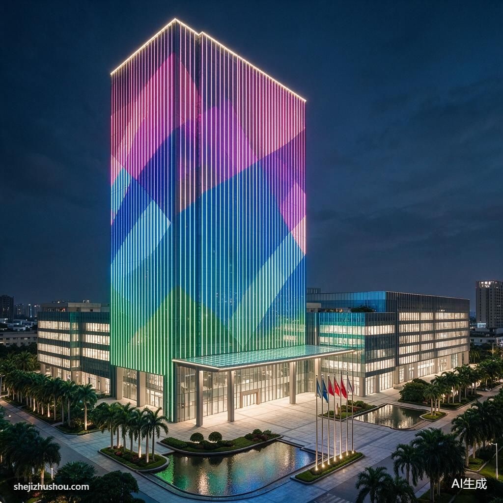 办公建筑夜景亮化案例 - AI夜景亮化效果图